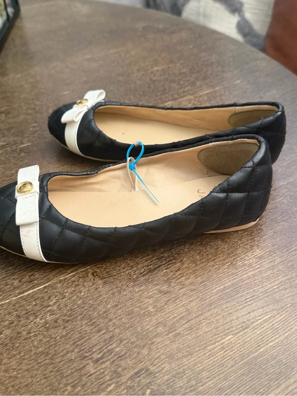 Janie and Jack Black Quilted Flats with White Bow and Gold Accent 2